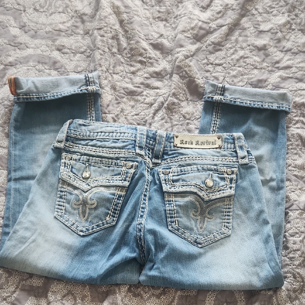 Rock Revival Blue Boot Cut Jeans Distressed Style